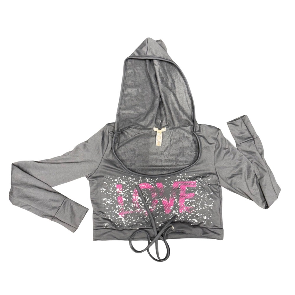 Vixen Womens Gray Pink Love Graphic Cropped Hoodie Deep Scoop Neck Small